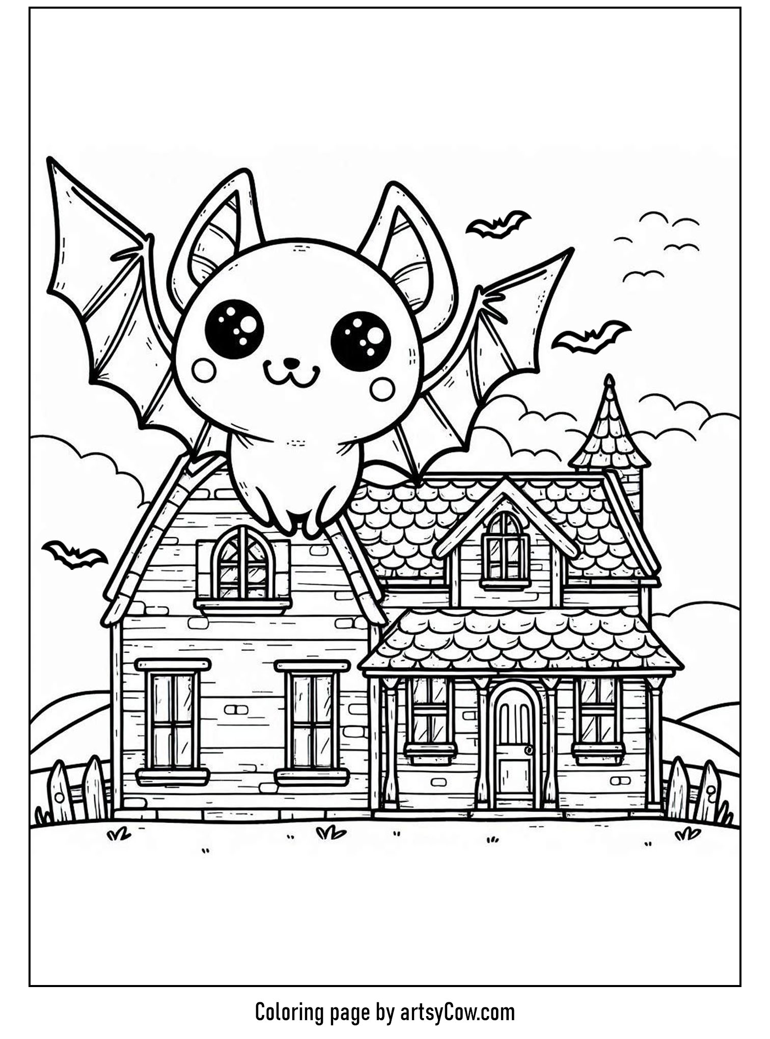 halloween coloring pages with bats, Haunted House Bat Adventure